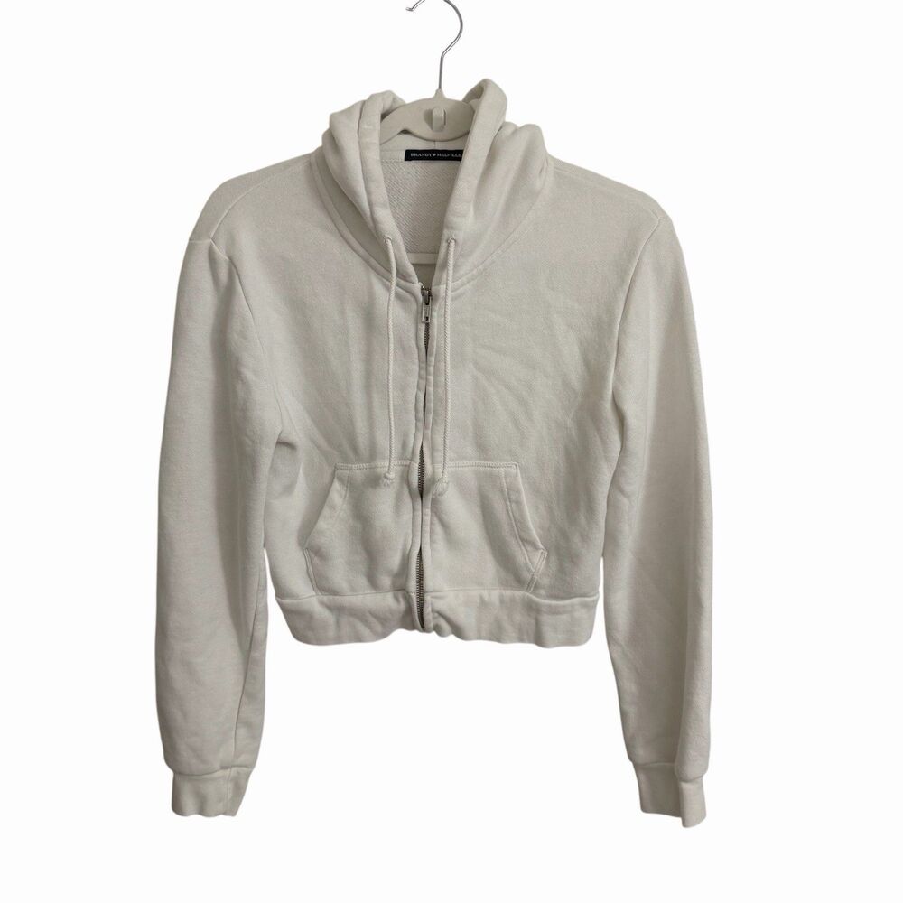 Brandy‎ Melville Crystal Jacket OS White Cropped Full Zip-Up Sweatshirt Hoodie